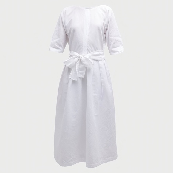 VINCE Linen-Cotton Belted Boat Neck Dress in Optic White Size Medium M - Picture 5 of 7